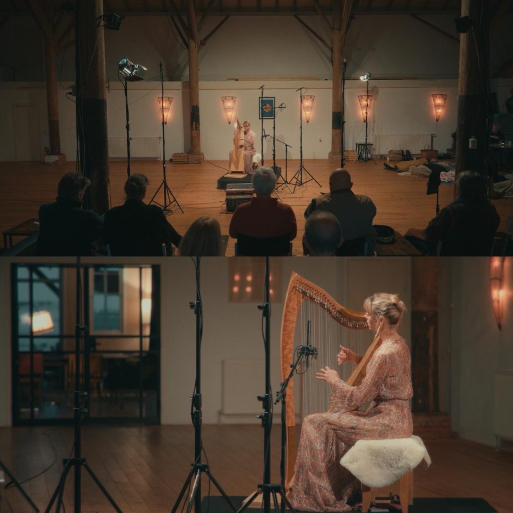 Danielle Riegel performing on harp during the Oltremare recording session