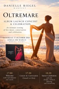 Poster for Danielle Riegel’s Oltremare album launch at Adega do Barco, Querença, on 17 October 2026, showing her with a harp on a beach at sunset.